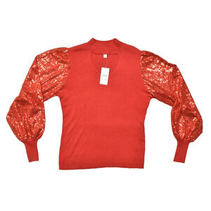 Cato Women 14/16W Red Ribbed Knit Top Sequin Balloon Sleeve Mock Neck Cutout NEW